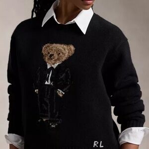 NWOT Polo Ralph Lauren L Old Money Luxury Prep Tuxedo Bear Intarsia Knit Sweater